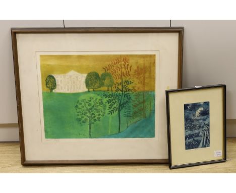 Helena Markam, artist proof print, 'Beaumont', signed in pencil, 42 x 55cm and an aquatint, 'The Lone Bear Cyclist', by Birnb