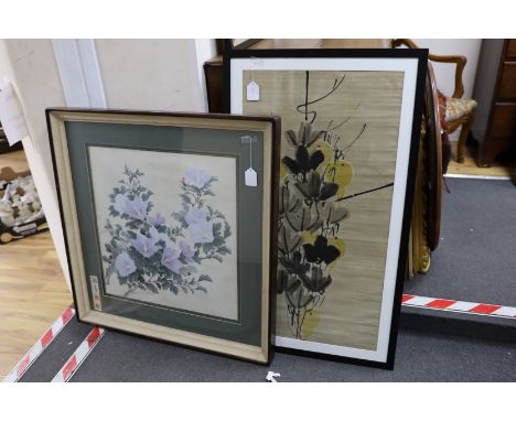 After Qi Baishi, woodblock print, Flowers and a Chinese painting of blue hibiscus, signed, 56 x 54cm and 89 x 47cm
