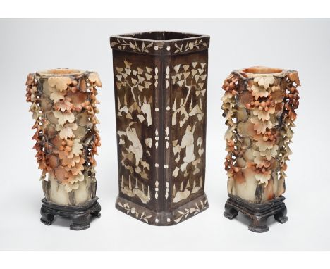 A pair of Chinese soapstone vases and a mother-of-pearl and papier mache inlaid brushpot Tallest 27cm