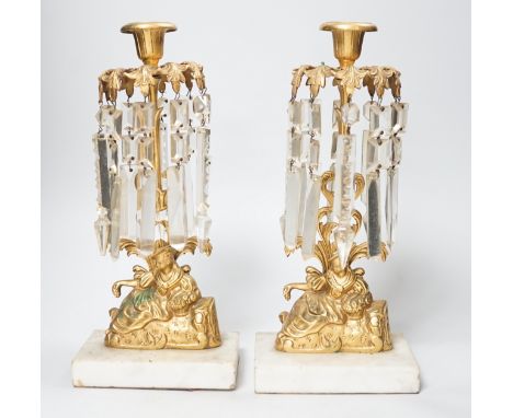 A pair of figural gilt metal table candlestick lustres on marble bases. 30cm tall