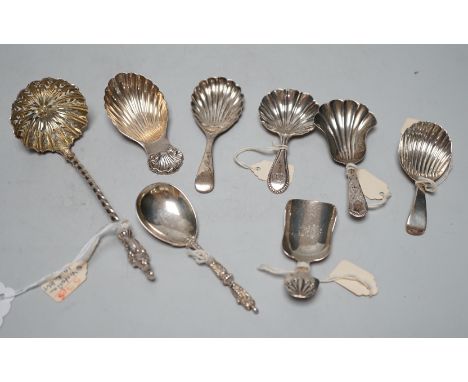 Three assorted 19th century silver caddy spoons, including London, 1829, three 20th century silver caddy spoons and two other