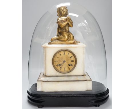A 19th century ormolu and alabaster mantel clock under glass dome. 39cm tall