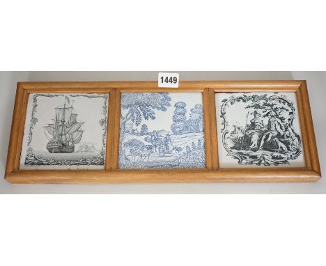 Two John Sadler Liverpool delftware black transfer printed tiles, c.1770 and a blue printed tile, in the same wooden mount. O