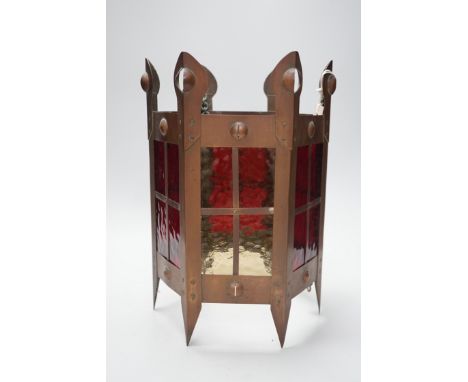 An Arts &amp; Crafts copper and coloured glass hall lantern, 35cm