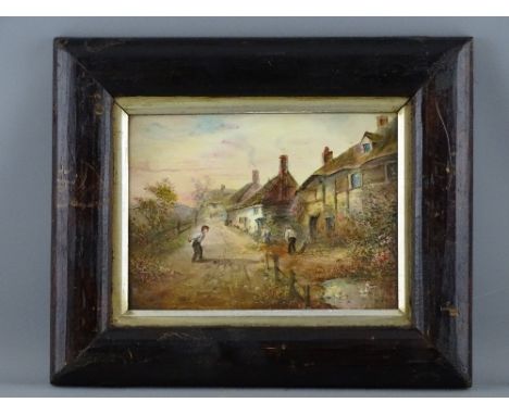A 19th CENTURY POSSIBLY DERBY HAND PAINTED RECTANGULAR PORCELAIN PLAQUE depicting children playing cricket on a country lane 