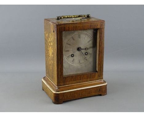 A 19th CENTURY FRENCH INLAID ROSEWOOD MANTEL CLOCK, Laine, Paris, bell strike movement with silk pendulum suspension and silv