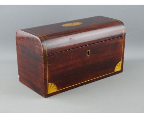 A 19th CENTURY DOME TOPPED MAHOGANY TEA CADDY with Sheraton shell inlay and twin lidded interior, 12.5 cms high, 22.5 cms lon