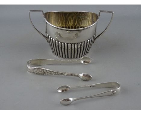 A REEDED TWO HANDLED SILVER SUGAR BASIN, Chester 1901 and two pairs of silver sugar tongs, London 1877 and Sheffield 1929, 5.