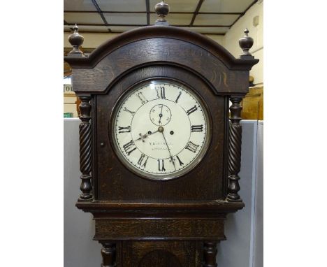 A CIRCULAR DIAL OAK LONGCASE CLOCK by T Blundell, Liverpool, 14 ins diameter dial with painted Roman numerals and subsidiary 