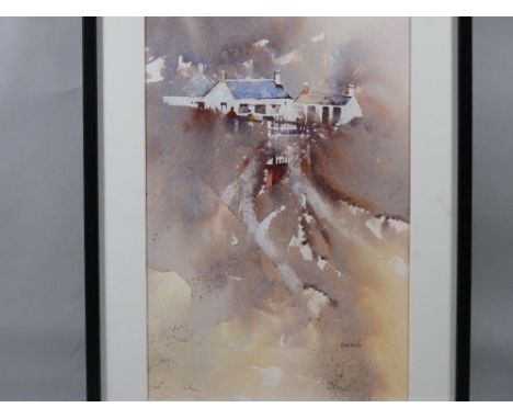 JOHN MORRIS (of Mold) watercolour - two Welsh cottages with figures chatting by a gate, signed, 39 x 24 cms