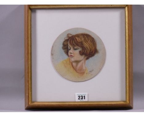 MOSS WILLIAMS watercolour, circular format - portrait of a young girl, signed in full and dated 1916, 14 cms diameter