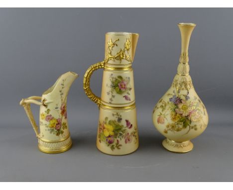 THREE PIECES OF ROYAL WORCESTER BLUSH DECORATED PORCELAIN including a tusk jug with antler handle, shape no. 1116, a bulbous 