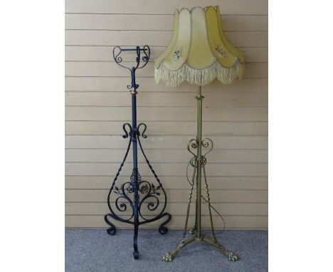 TWO VICTORIAN TELESCOPIC LAMP STANDS to include a brass example converted to electric with a vintage velum tassel ended shade