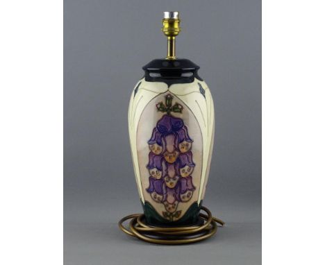 A MOORCROFT 'FOXGLOVE' TABLE LAMP BASE, designed by Rachel Bishop, 37 cms high including fitting