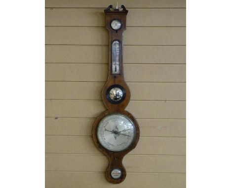 A GEORGIAN LINE INLAID MAHOGANY BANJO/WHEEL BAROMETER with thermometer, 95 cms long