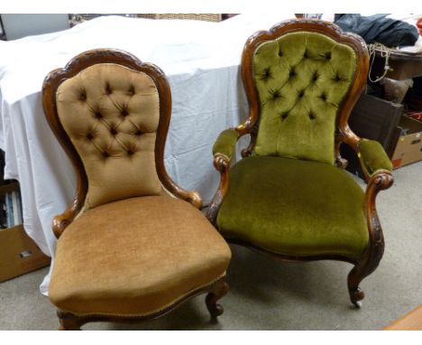 TWO VICTORIAN CARVED WALNUT LADY'S &amp; GENT'S SPOONBACK CHAIRS, both having matching detail to the top rail, button upholst