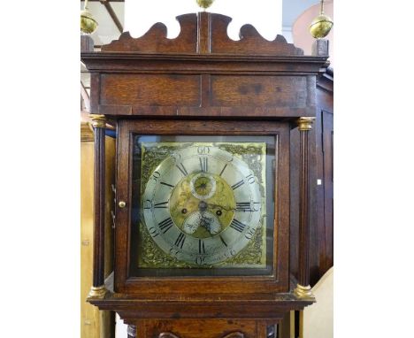 A GOOD LATE 18th CENTURY OAK LONGCASE CLOCK by John Pyke, Wiveliscombe, 12 ins brass and silvered dial set with Roman numeral