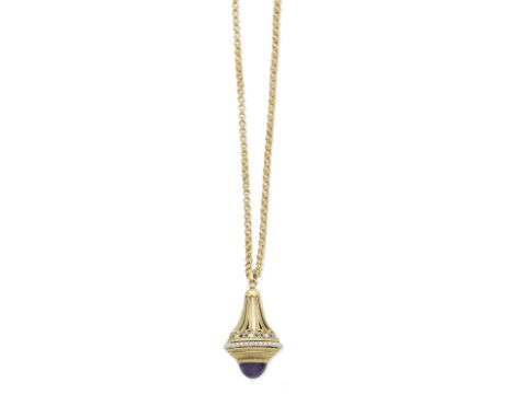 An enamel, pearl and amethyst pendantThe textured bell-shaped pendant with bead, 3.0mm cultured pearl and ropetwist decoratio