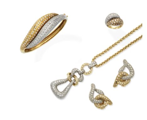 A diamond pendant, bangle, earclip and ring suiteOf bicoloured design, pavé-set throughout with brilliant-cut diamonds, to a 