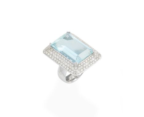 An aquamarine and diamond ringThe step-cut aquamarine within a pavé-set brilliant-cut diamond surround,  diamonds approx. 2.0