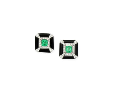 A pair of emerald, onyx and diamond earringsEach step-cut emerald within an onyx and brilliant-cut diamond plaque surround, d