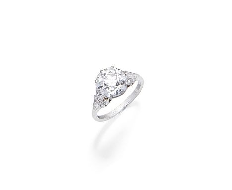 A diamond single-stone ringThe old brilliant-cut diamond weighing 3.30 carats, between brilliant, baguette and single-cut dia