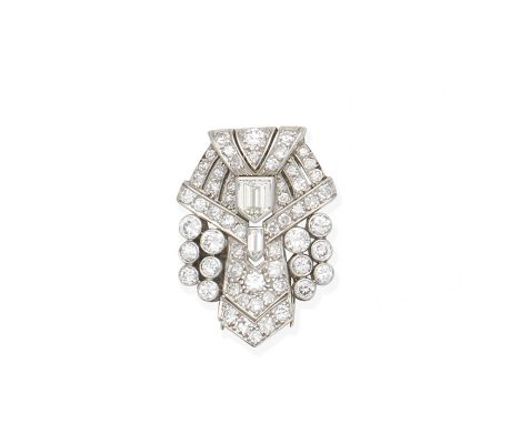 An Art Deco diamond clip, circa 1925Of geometric design with pierced detailing, set throughout with brilliant, single and shi