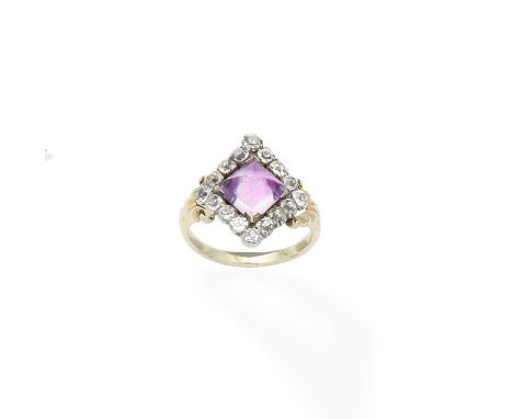 An amethyst and diamond cluster ringThe early 19th century ring designed as a lozenge-shaped plaque later set with a sugarloa
