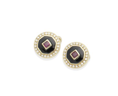 A pair of ruby, enamel and diamond cufflinksSingle-sided: Each step-cut ruby within a black enamel and brilliant-cut diamond 