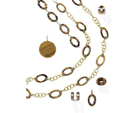 A collection of tiger's eye jewellery, circa 19701st: Designed as a series of ropetwist links and oval tiger's eye hoops, 2nd