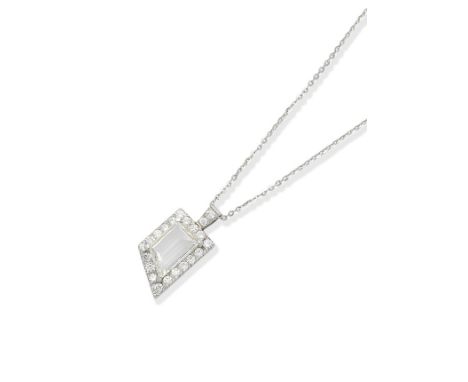A diamond cluster pendant necklaceThe fancy step-cut diamond weighing 2.03 carats, within a brilliant-cut diamond surround, t