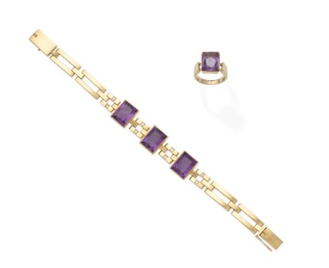 An amethyst and diamond bracelet and an amethyst ring, by Just Andersen, circa 1950Set to the front with three rectangular fr