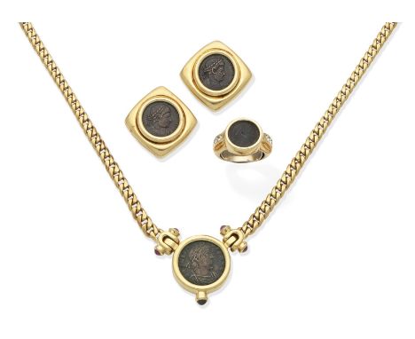 A gem-set coin necklace, a pair of coin earclips and a coin and diamond-set ringThe Roman coin to a curb-link chain, accented