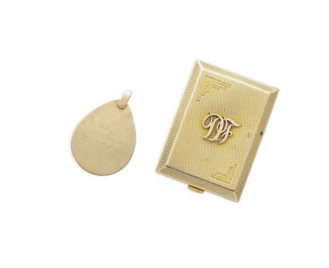 A gold match case, by William Neale &amp; Son Ltd., 1931, and a mid 20th century novelty pendant1st: The engine-turned case w
