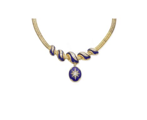 An enamel and diamond necklace, circa 1870The scrolling blue guilloché enamel ribbon set with cushion-shaped, old brilliant a