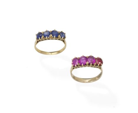 A pair of ruby and sapphire four-stone ringsEach set with circular-cut sapphires or oval-cut rubies, ring sizes approx. K-L (