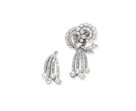 A diamond pendent earclip, by Van Cleef &amp; Arpels, circa 1950Designed as two scrolling ribbons set with baguette, brillian