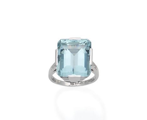 An aquamarine and diamond ringThe step-cut aquamarine between brilliant-cut diamond shoulders, Swedish assay mark, ring size 