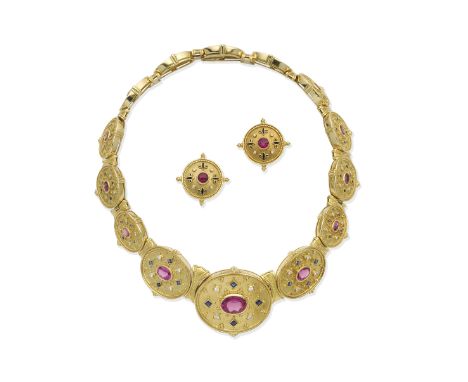 A gem-set necklace and a pair of earrings, by Theo FennellDesigned as a graduated series of oval plaques, set with oval-cut p