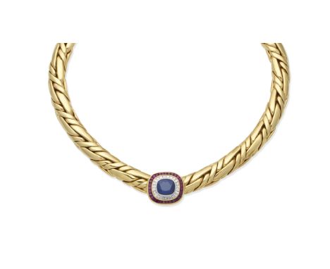 A sapphire, ruby and diamond necklaceThe fancy-link collar set to the front with a cushion-shaped sapphire, within a tiered s