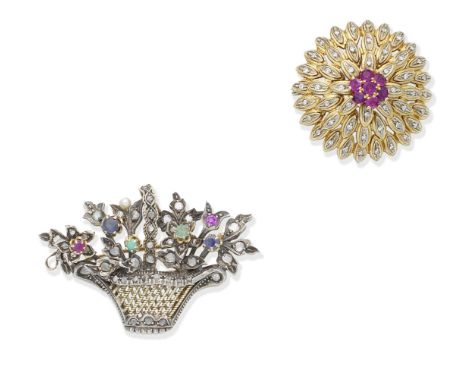 A gem-set giardinetto brooch/pendant, circa 1950, and a ruby and diamond brooch, circa 19601st: The ropetwist and rose-cut di