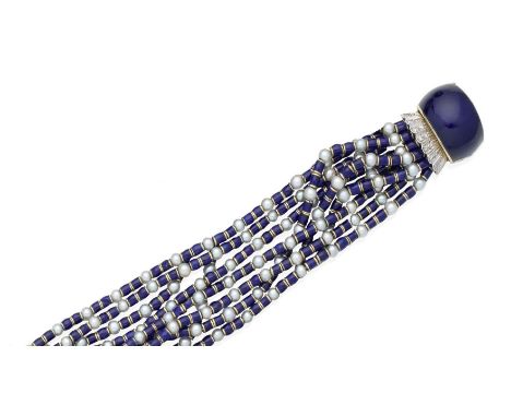 An enamel, cultured pearl and diamond braceletThe multi-strand bracelet formed of 4mm cultured pearls interspersed by blue en