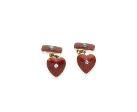 A pair of enamel and diamond cufflinksDouble-sided: Each red guilloché enamel heart accented by an old brilliant-cut diamond,