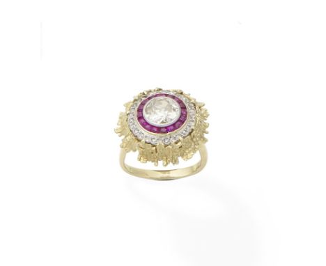 A diamond and ruby ring, mounted by Grima, 1968The old brilliant-cut diamond collet-set within a textured 18 carat yellow gol