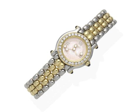 A diamond-set 'Happy Sport' wristwatch, by ChopardThe circular mother-of-pearl dial with Roman chapters, beneath 'floating' b