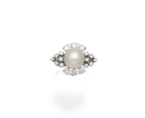A cultured pearl and diamond ringThe 10.5mm cultured pearl within a surround of brilliant and single-cut diamonds, diamonds a