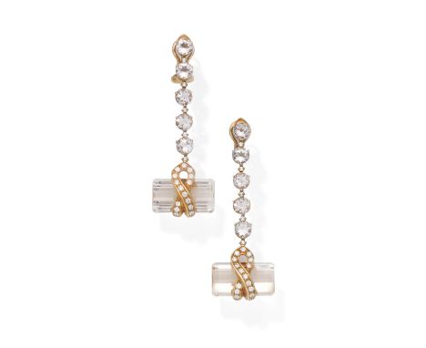 A pair of morganite and diamond pendent earringsEach step-cut morganite in a brilliant-cut diamond crossover setting, suspend