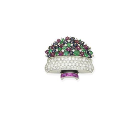 A gem-set giardinetto broochThe bouquet formed of ruby and sapphire beads, circular-cut emeralds and emerald cabochons, accen