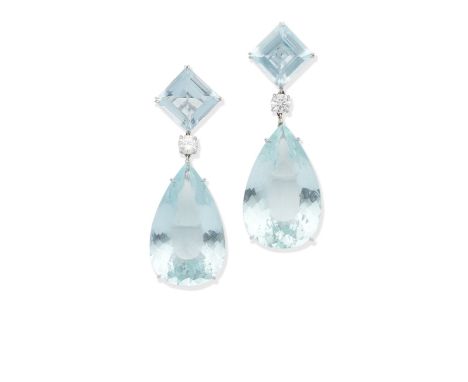 A pair of aquamarine and diamond pendent earringsEach step-cut aquamarine suspending a pear-shaped aquamarine drop, via a bri