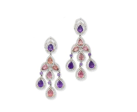 A pair of gem-set pendent earringsEach pear-shaped amethyst within a double surround of brilliant-cut diamonds, suspending a 
